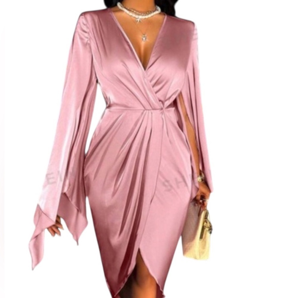 SHEIN Blush Pink Satin Wrap Dress with Draped Bell Sleeves Sz/12